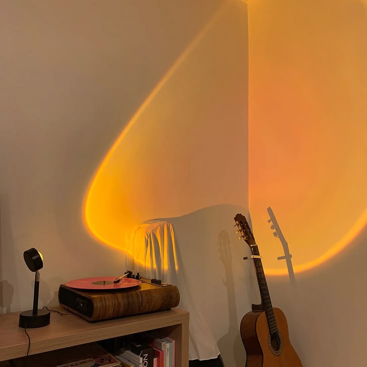 Golden hour sunset lamp on bedroom wall