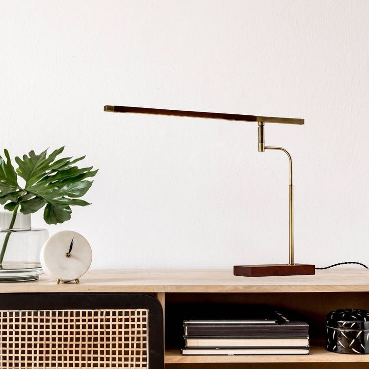 Slim arc LED desk lamp walnut base
