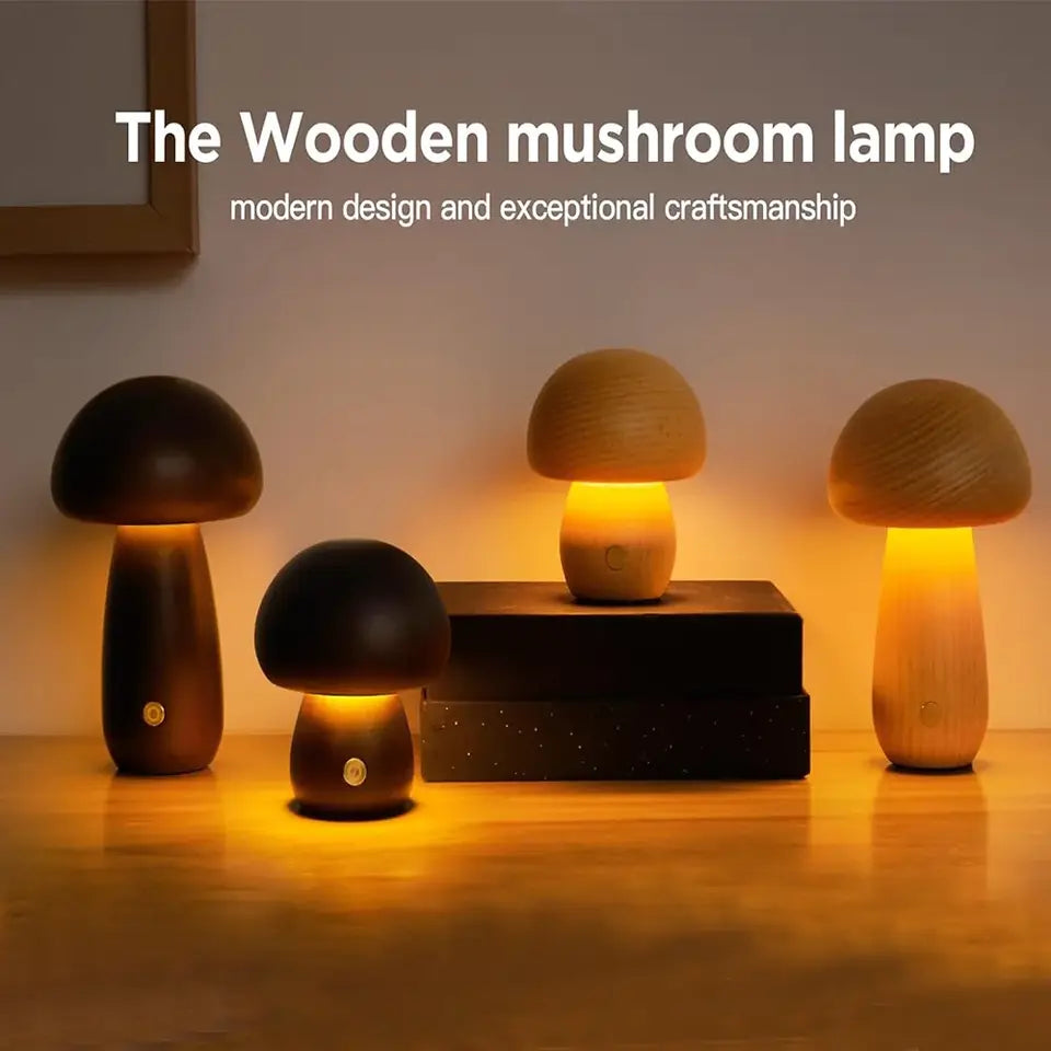 Mushroom touch lamp glowing on nightstand